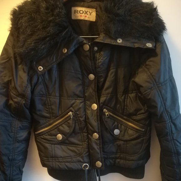 Black Roxy winter bomber jackewith faux fur collar - Picture 1 of 2